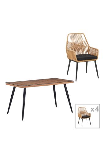 Τραπεζαρία Naoki-Tanish σετ 5 τεμ pakoworld γυάλινο- pe rattan σε φυσική απόχρωση με μαυρα πόδια 140x80x78εκ