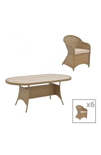Tραπεζαρία Hadrian-Keir pakoworld σετ 7τεμ καφέ rattan-μπεζ textilene-καφέ αλουμίνιο 180x90x72εκ