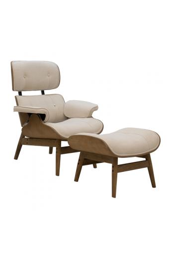 Πολυθρόνα-υποπόδιο relax Mirto pakoworld μασίφ ξύλο καρυδί-ύφασμα μπεζ 80x80x96,5εκ