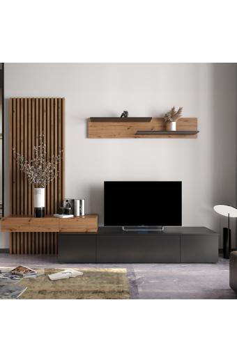 Σύνθετο σαλονιού Litende pakoworld μαύρο-sonoma μελαμίνης 249.5x42x199.5εκ