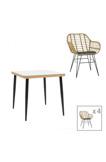 Τραπεζαρία Naoki V σετ 5τεμ pakoworld rattan pe σε φυσική απόχρωση και μαύρο μέταλλο 80x80x78εκ