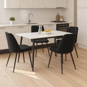Τραπεζαρία Gustas-Giselle pakoworld σετ 5τμχ  λευκό μαρμάρου sintered stone-μπουκλέ μαύρο 120x60x75εκ