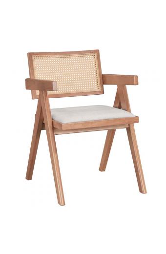 Πολυθρόνα Winslow pakoworld ξύλο rubberwood ανοικτό καρυδί-pvc rattan φυσικό-ύφασμα γκρι