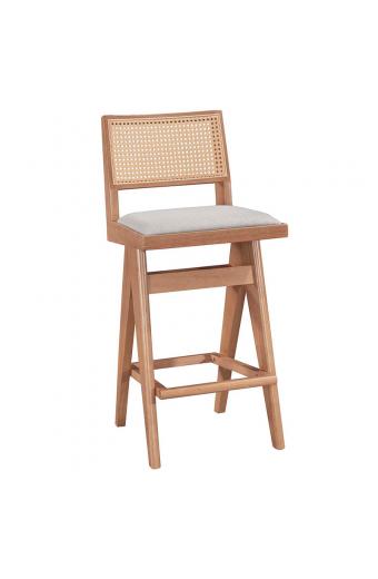 Σκαμπό bar Winslow pakoworld ξύλο rubberwood ανοικτό καρυδί-pvc rattan φυσικό-ύφασμα γκρι 44.5x46x98εκ