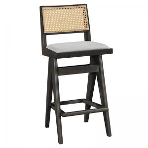 Σκαμπό bar με μπράτσα Winslow pakoworld ξύλο rubberwood μαύρο-pvc rattan φυσικό-ύφασμα γκρι