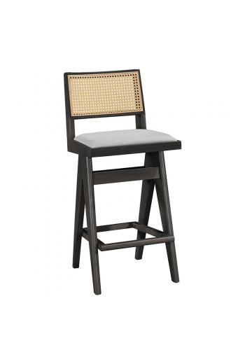 Σκαμπό bar Winslow pakoworld ξύλο rubberwood μαύρο-pvc rattan φυσικό-ύφασμα γκρι 44.5x46x98εκ