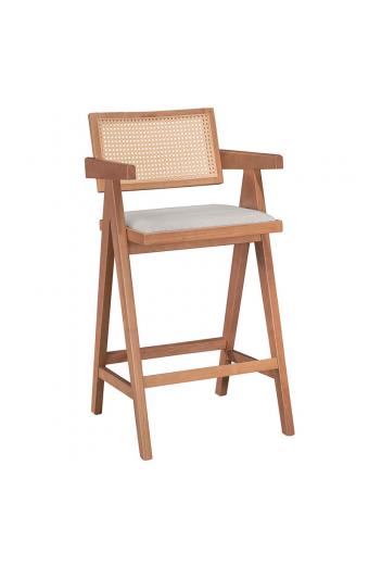 Σκαμπό bar Winslow pakoworld ξύλο rubberwood ανοικτό καρυδί-pvc rattan φυσικό-ύφασμα γκρι