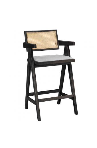 Σκαμπό bar Winslow pakoworld ξύλο rubberwood μαύρο-pvc rattan φυσικό-ύφασμα γκρι