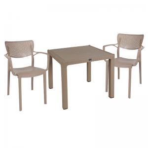 Τραπεζαρία κήπου Explore-Frontline pakoworld σετ 3τεμ PP cappuccino 90x90x73,5εκ