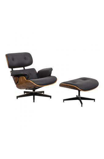 Πολυθρόνα-υποπόδιο relax Jenna pakoworld μαύρο pu- plywood καρυδί-βάση χρωμίου 82x92x82εκ