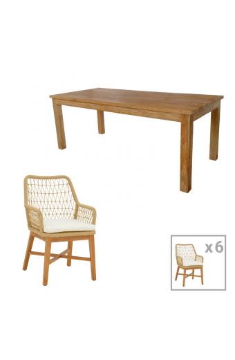 Τραπεζαρία 7τεμ Elaiza-Wooly pakoworld teak ξύλο σε φυσική-μπεζ απόχρωση 220x90x75εκ