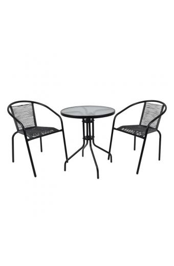 FUNKY Σετ Βεράντας -  Κήπου : Τραπέζι + 2 Πολυθρόνες Μέταλλο Μαύρο / Κορδόνι PE Σκούρο Γκρι