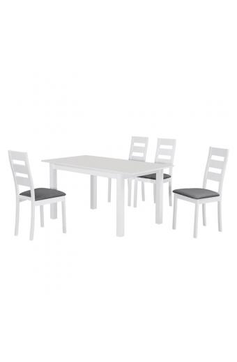 MILLER Set Τραπεζαρία Κουζίνας Άσπρο, Ύφασμα Γκρι: Τραπέζι Επεκτεινόμενο + 4 Καρέκλες