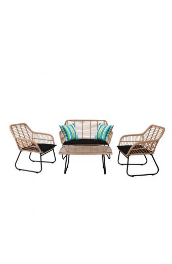 SALSA Set Σαλόνι Κήπου Μέταλλο Μαύρο, Wicker Φυσικό: Τραπέζι + Καναπέ 2Θέσιο + 2 Πολυθρόνες - 94x56x44-120x70x86-67x71x83cm