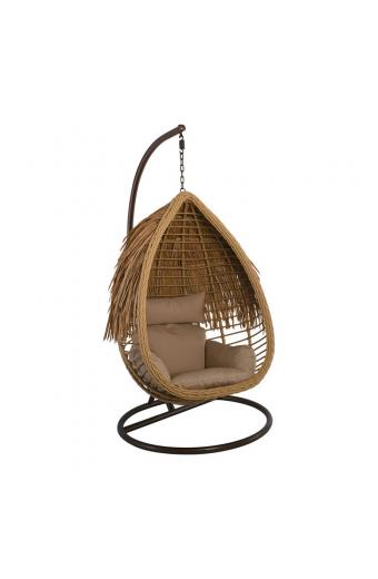 SALSA TROPIC Κρεμαστή Πολυθρόνα, Wicker Φυσικό, Μέταλλο Brown, Μαξιλάρι Μπεζ