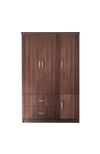 CLOSET Ντουλάπα Τετράφυλλη, 5 Ράφια, 2 Συρτάρια, Θέσεις για Κρεμάστρες, Απόχρωση Καρυδί - 120x50x180cm