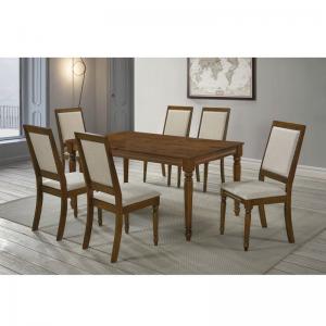 BARCO Set Τραπεζαρία Σαλονιού: Τραπέζι + 6 Καρέκλες Ξύλο Ανοιχτό Καρυδί - Ύφασμα Μπεζ