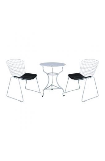 SAXON Coffee Set Κήπου Μέταλλο Άσπρο - Μαξιλάρι Pu Μαύρο:Τρα πέζι+2 Καρέκλες Στοιβαζόμενες