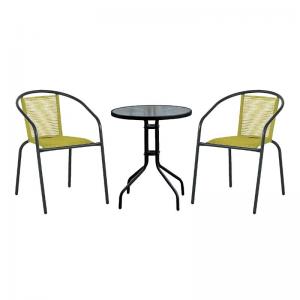BALENO - FUNKY Set Βεράντας - Κήπου: Τραπέζι + 2 Πολυθρόνες PE Κίτρινο, Μέταλλο Μαύρο