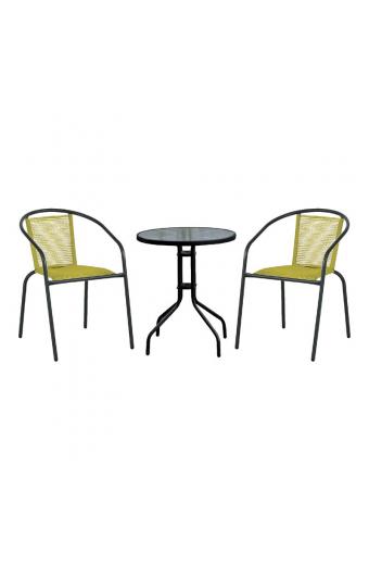 BALENO - FUNKY Set Βεράντας - Κήπου: Τραπέζι + 2 Πολυθρόνες PE Κίτρινο, Μέταλλο Μαύρο