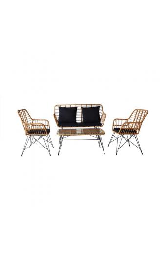 SALSA MAX Living Set Κήπου 4 τεμαχίων, Μέταλλο Βαφή Μαύρο, Wicker Φυσικό, Μαξιλάρια Μαύρο - 106x55x45-147x70x105-65x67x96