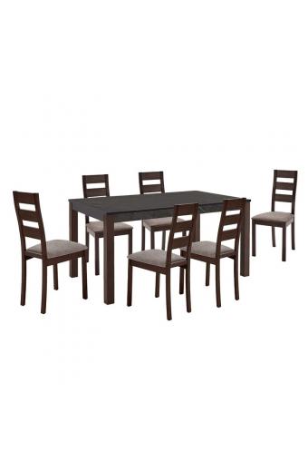 SIENNA Set (1+6) Τραπεζαρίας - Κουζίνας, Σκούρο Καρυδί, Melamine Greystone,Ύφασμα Μπεζ