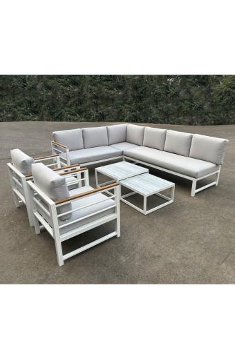 MARILIAN Set Σαλόνι Κήπου, Πολυμορφικό 6τεμ, Μέταλλο Βαφή Άσπρο, Μαξιλάρια Γκρι - 2 Πολυθρ+2 Καναπ+2 Τραπεζάκια