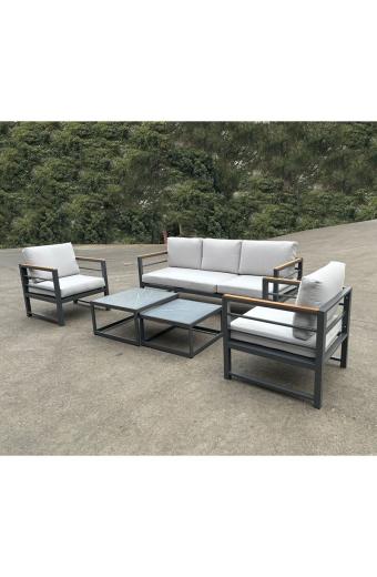 MARILIAN Set Σαλόνι Κήπου, 5τεμ, Μέταλλο Βαφή Ανθρακί, Μαξιλάρια Γκρι - 2 Πολυθρ+1 Καναπ+2 Τραπεζάκια