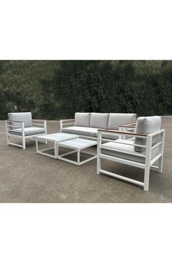 MARILIAN Set Σαλόνι Κήπου, 5τεμ, Μέταλλο Βαφή Άσπρο, Μαξιλάρια Γκρι - 2 Πολυθρ+1 Καναπ+2 Τραπεζάκια