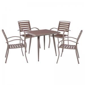 SERRANO Set Κήπου: Τραπέζι + 4 Πολυθρόνες, Μέταλλο Βαφή Sand Beige, Polywood Καρυδί - Table:80x80x74 Chair:56x64x88
