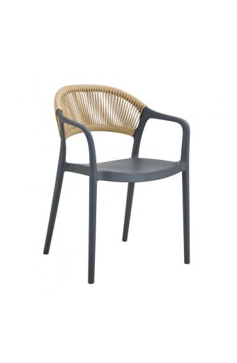 DONNA Πολυθρόνα Στοιβαζόμενη, PP-UV Ανθρακί, Rope Wicker Φυσικό - 57x55x79cm