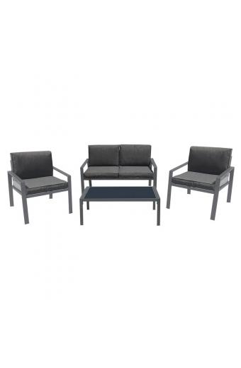 RIVIAN Set Σαλόνι Κήπου 4τεμ, Μέταλλο Βαφή Ανθρακί, Μαξιλάρια Γκρι - 90x50x35/120x79x73/65x79x73 cm