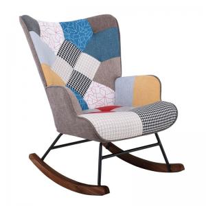 ALMA Rocking Πολυθρόνα Μπερζέρα Καθιστικού, Ύφασμα Patchwork, Βάση Μαύρο-Καρυδί - 67x86x92cm