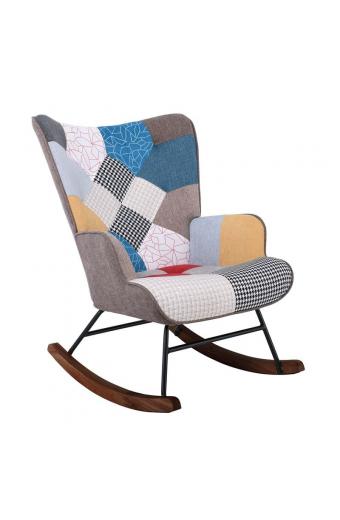 ALMA Rocking Πολυθρόνα Μπερζέρα Καθιστικού, Ύφασμα Patchwork, Βάση Μαύρο-Καρυδί - 67x86x92cm