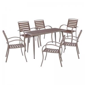 SERRANO Set Κήπου: Τραπέζι + 6 Πολυθρόνες, Μέταλλο Βαφή Sand Beige, Polywood Καρυδί - Table:150x80x75 Chair:56x64x88