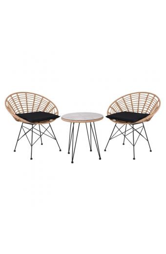 SALSA Coral Coffee Set Κήπου Μέταλλο Μαύρο - Γυαλί - Wicker Φυσικό: Τραπεζάκι+2 Πολυθρόνες - TableΦ52x53 Armchair72x62x81cm
