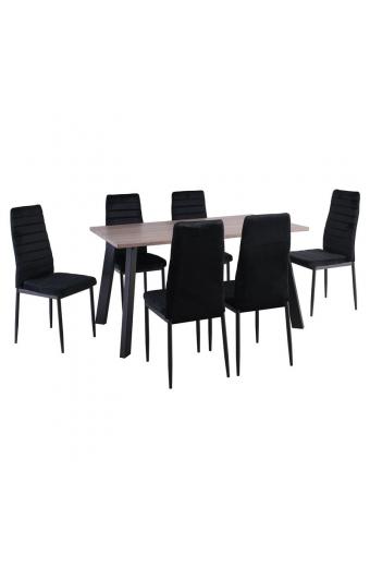 JETTA-BAXTER Τραπεζαρία Μέταλλ ο Βαφή Μαύρο, Τραπέζι Sonoma Oak + 6 Καρέκλες Velure Μαύρο - Table:140x80x75 Chair:40x50x95