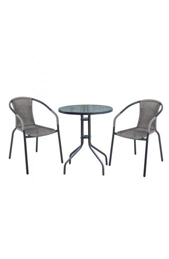 BALENO Set Κήπου - Βεράντας: Τραπέζι + 2 Πολυθρόνες Μέταλλο Γκρι - Wicker Mixed Grey