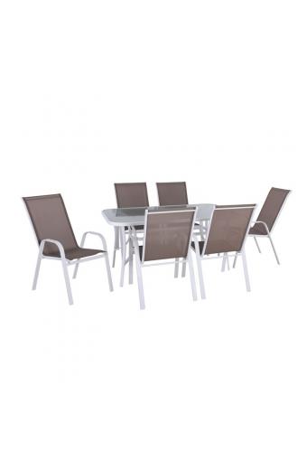 RIO Set Τραπεζαρία Κήπου Steel Άσπρο-Textilene Cappuccino : Τραπέζι+6 Πολυθρόνες