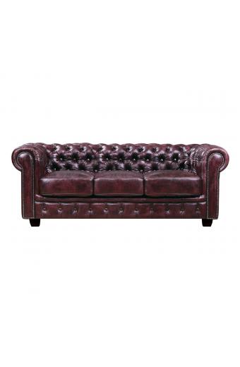 CHESTERFIELD Birmingham Καναπές 3Θέσιος Σαλονιού Καθιστικού, Δέρμα Antique Red - 201x92x74cm