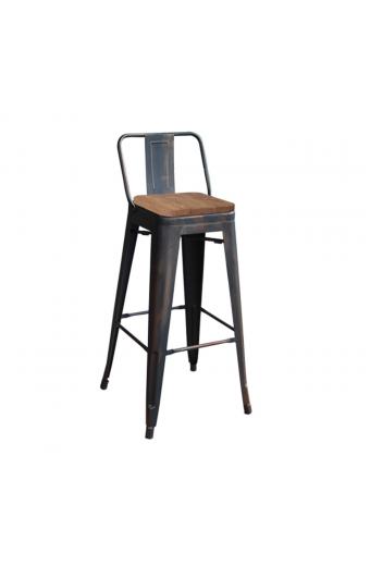 RELIX Wood Σκαμπό Bar-Pro με Πλάτη, Μέταλλο Βαφή Antique Black, Απόχρωση Ξύλου Dark Oak - 44x44x75/100cm