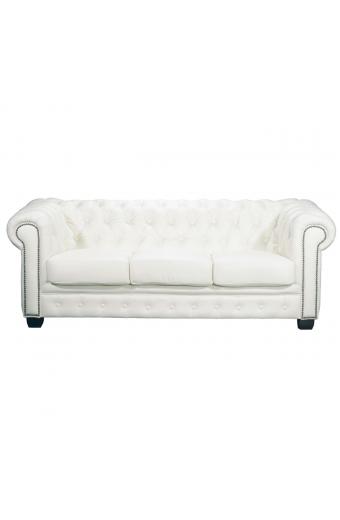 CHESTERFIELD Birmingham Καναπές 3Θέσιος Σαλονιού Καθιστικού, Δέρμα Άσπρο - 201x92x74cm