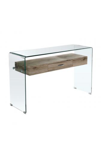 GLASSER Wood Κονσόλα Γυαλί Clear 12mm - Ράφι με Συρτάρι Απόχρωση Δρυς - 120x40x75cm