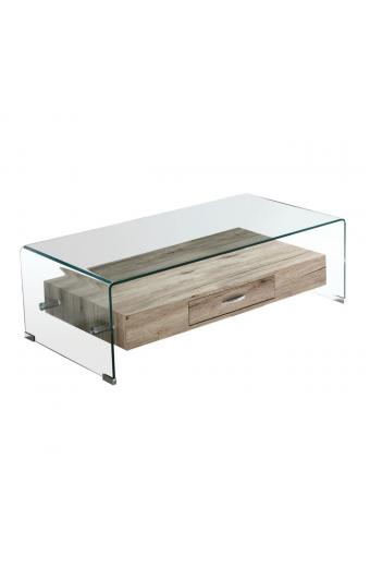 GLASSER Wood Τραπεζάκι Σαλονιού Γυαλί 12mm - Ράφι με Συρτάρι Απόχρωση Δρυς - 110x55x35cm