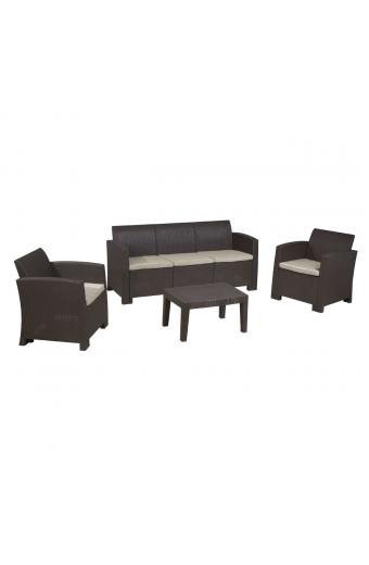 SAVANNA Set Σαλόνι Κήπου Βεράντας K/D, PP-UV Καφέ Μαξιλάρια Grey-White - Table+Sofa 3Seater+2 Armchairs