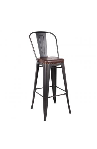 RELIX Σκαμπό Bar-Pro με Πλάτη, Μέταλλο Βαφή Antique Black, Pu Σκούρο Καφέ - 43x48x78/114cm