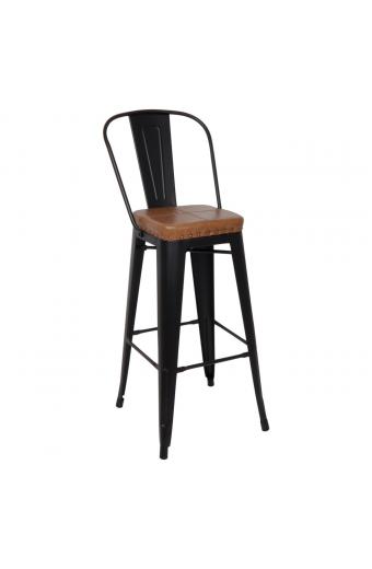 RELIX Σκαμπό Bar-Pro με Πλάτη, Μέταλλο Βαφή Μαύρο Matte, Pu Camel - 43x48x78/114cm