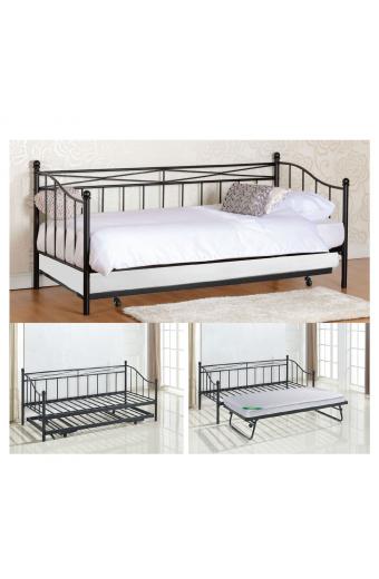 MARIN Daybed Κρεβάτι (90x190) + Βοηθητικό Κρεβάτι (85x185) Μέταλλο Βαφή Μαύρο - 198x97x93 + 185x85x36cm