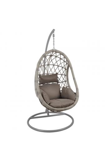 MACAN Κρεμαστή Πολυθρόνα, Wicker Grey, Μέταλλο Βαφή Γκρι, Μαξιλάρι Cappuccino - Φ105x203cm