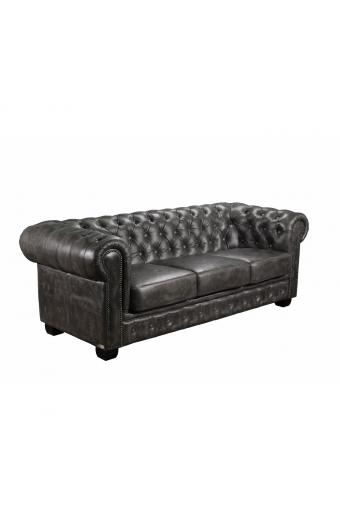 CHESTERFIELD Birmingham Καναπές 3Θέσιος Σαλονιού Καθιστικού, Δέρμα Antique Grey - 201x92x74cm